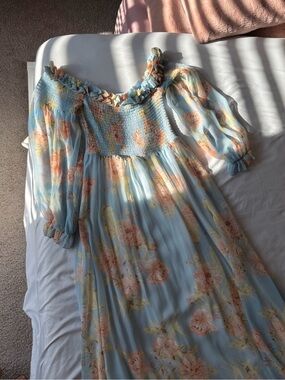 Aakaa Light Blue Floral Smocked Maxi Dress with Peach Blooms